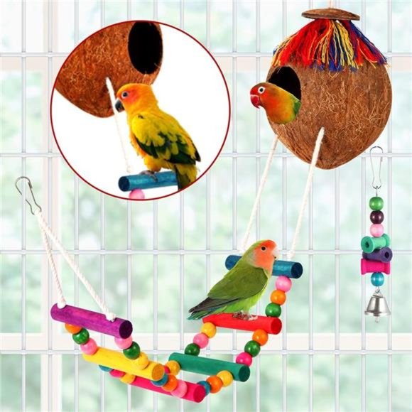 Bird Toys 17Pcs Bird Parakeet Swing Chewing Hanging Toys Climbing Ladder Coconut - Picture 3 of 6